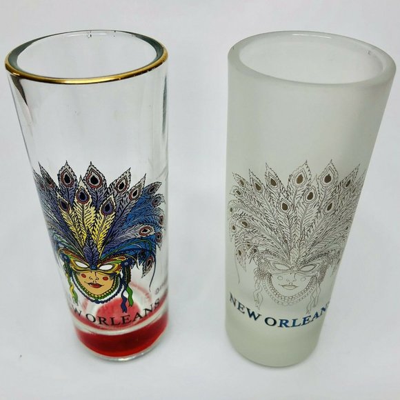 Set of 2 Mardi Gras Masquerade Masks Shot Glasses 2 fl oz Capacity Frosted Clear - Picture 2 of 4